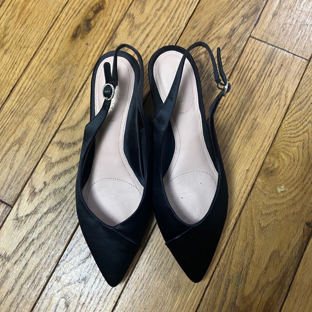 Taryn Rose Marcy Black Satin Slingback Block Heel Pumps Crystal Buckle Size 8B
